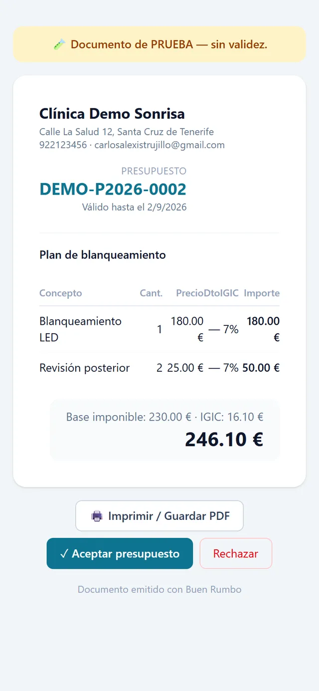 Presupuesto profesional con botón de aceptar online