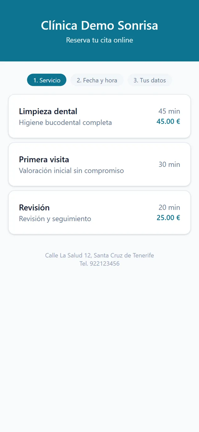 Página de reservas online de la clínica demo